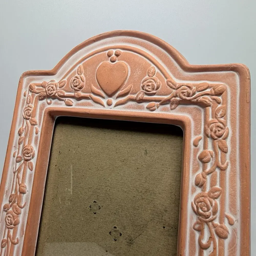 Vtg 1990s Whitewashed Terracotta Hear Rose Ceramic Picture Frame 4.25 x 6.25